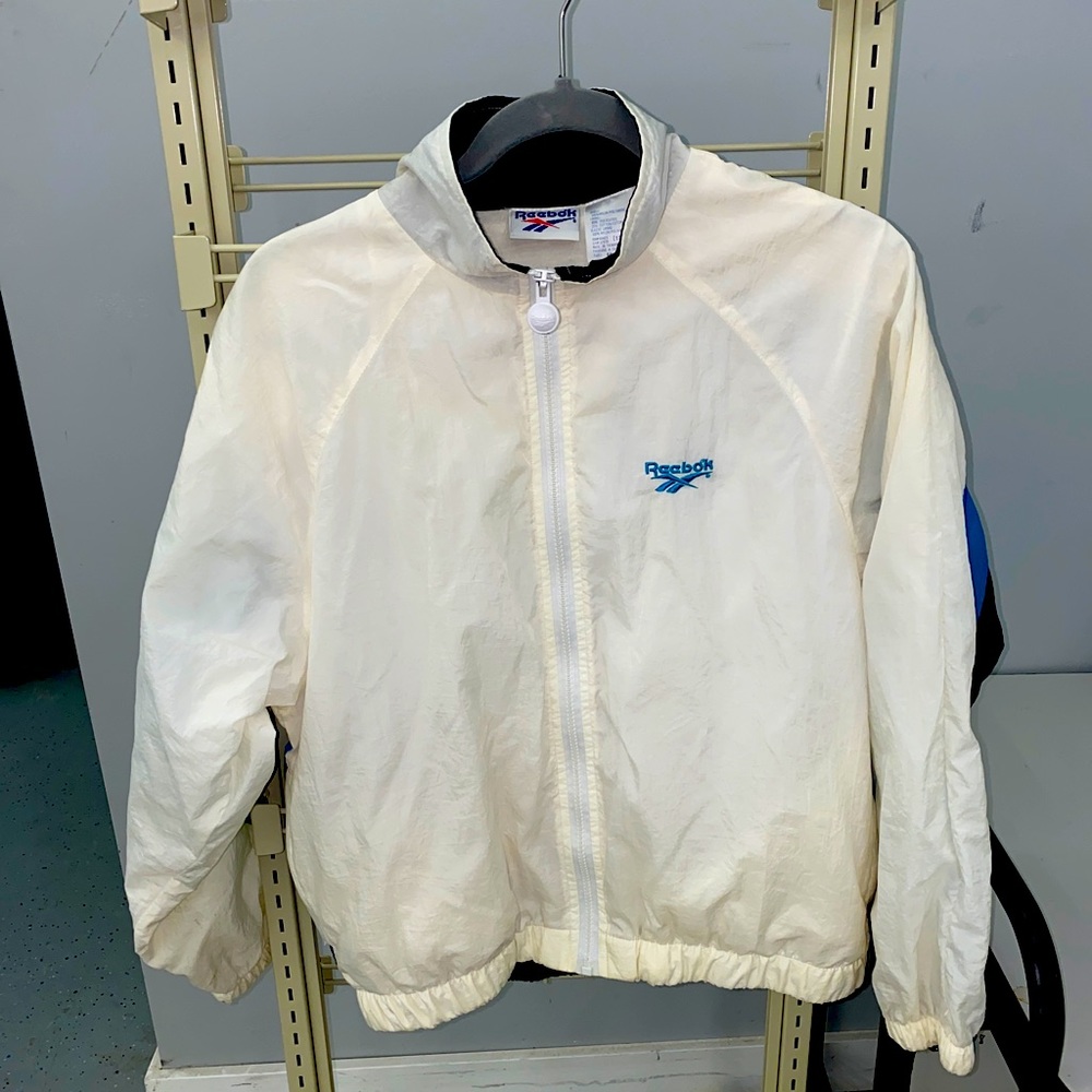 Vintage 80s/90s Reebok White/Black/Teal Windbreaker Zip Jacket Size Medium